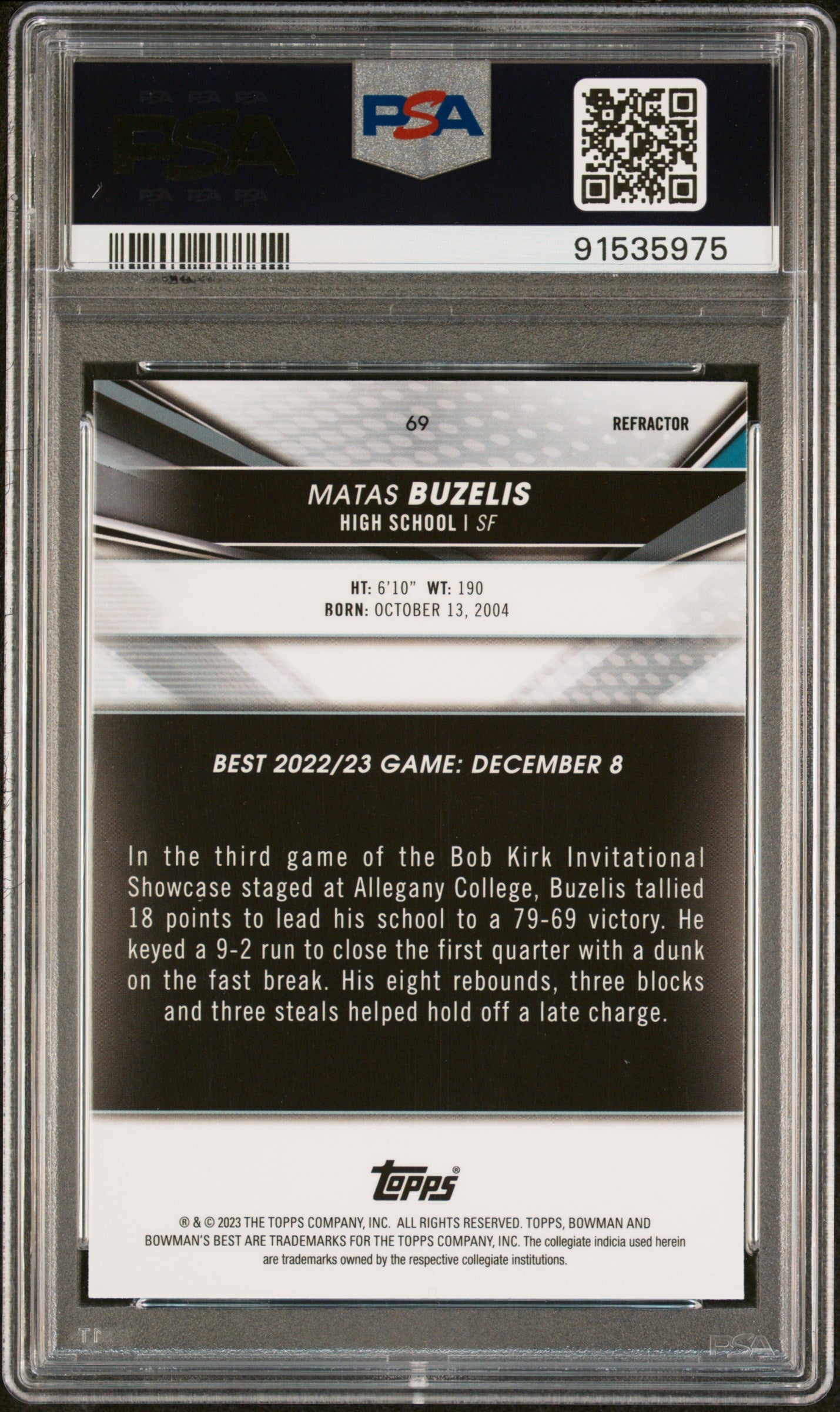 Graded 2022 Topps Bowman University Best Matas Buzelis #69 Refractor Rookie RC Basketball Card PSA 10 Gem Mint