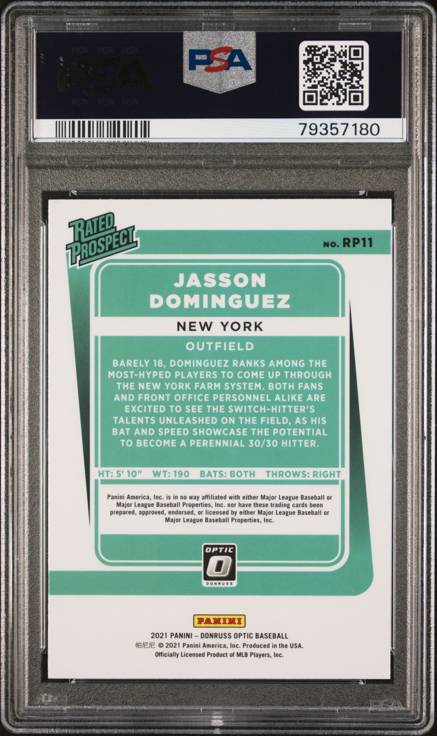 Graded 2021 Panini Donruss Optic Jasson Dominguez #RP11 Rated Prospects Rookie RC Baseball Card PSA 10 Gem Mint