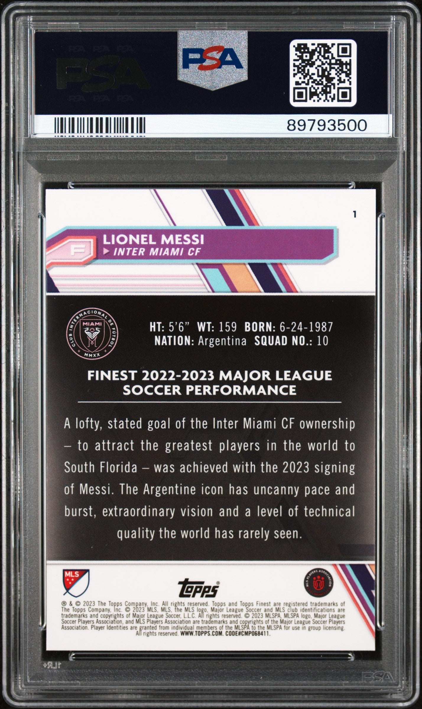 Graded 2023 Topps Finest Lionel Messi #1 Soccer Card PSA 10 Gem Mint