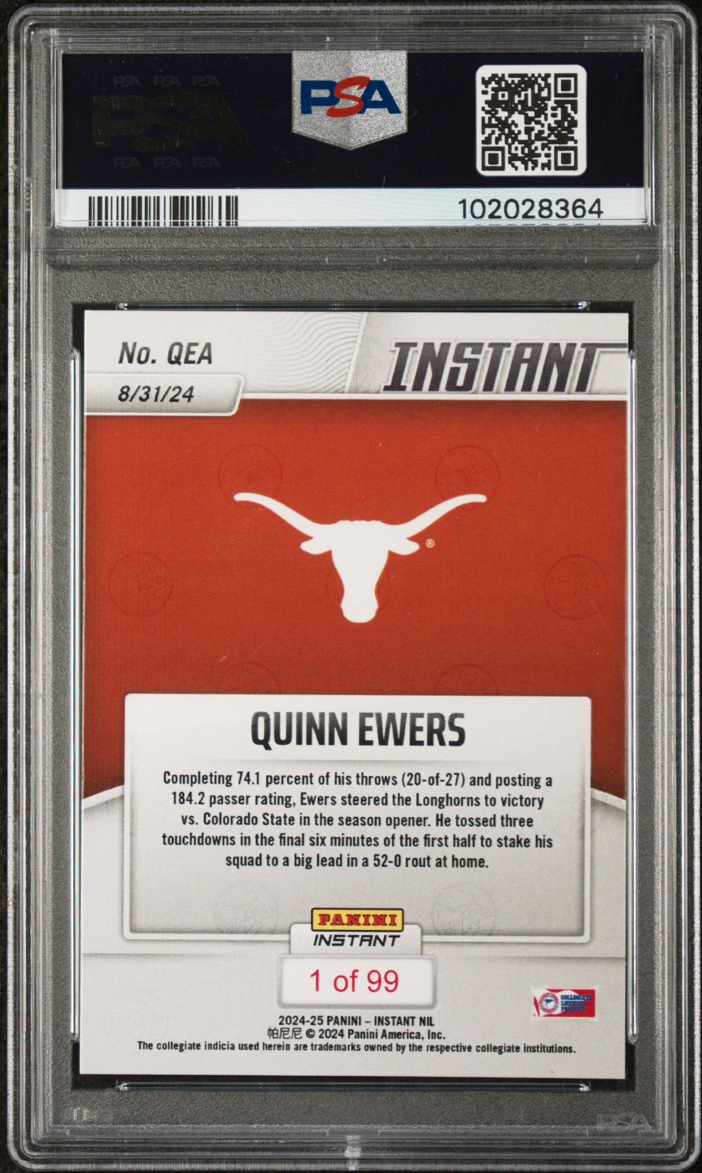 Graded 2024 Panini Instant NIL Quinn Ewers #QEA Rookie RC Football Card PSA 10 Gem Mint