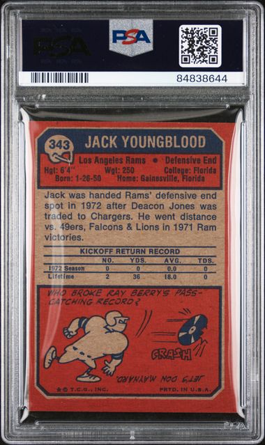 Graded 1973 Topps Jack Youngblood #343 Rookie RC Football Card PSA 5 Excellent