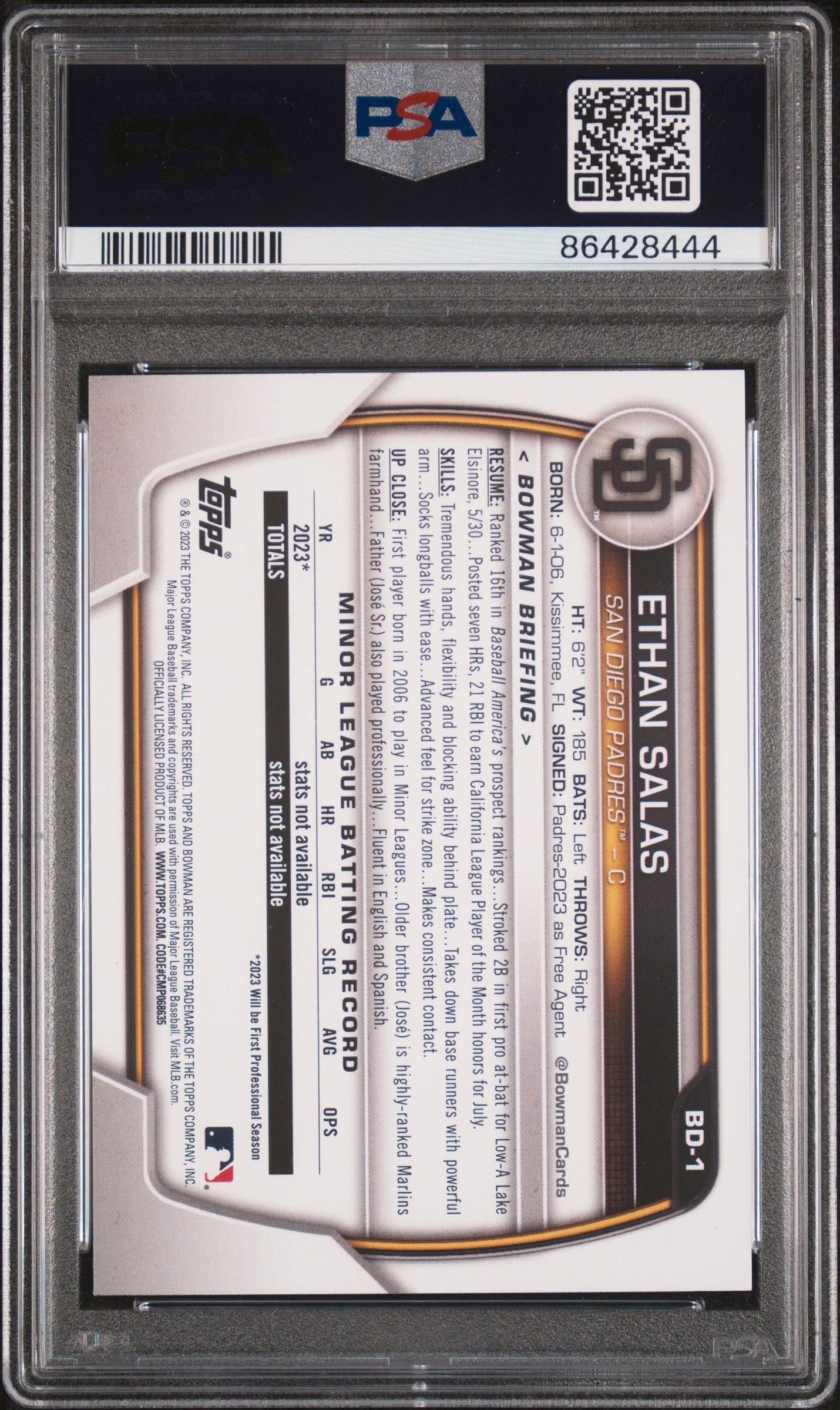 Graded 2023 Topps Bowman Draft Ethan Salas #BD1 Rookie RC Baseball Card PSA 10 Gem Mint