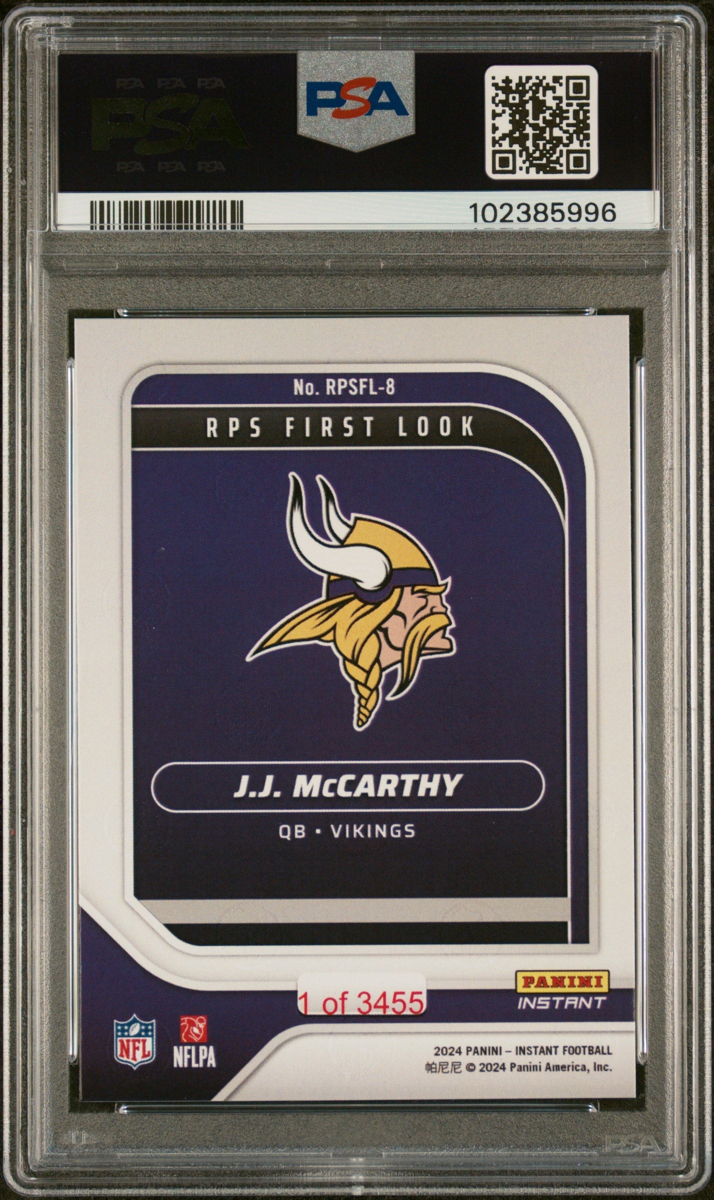 Graded 2024 Panini Instant NFL JJ McCarthy #RPSFL8 RPS First Look Rookie RC Football Card PSA 9 Mint