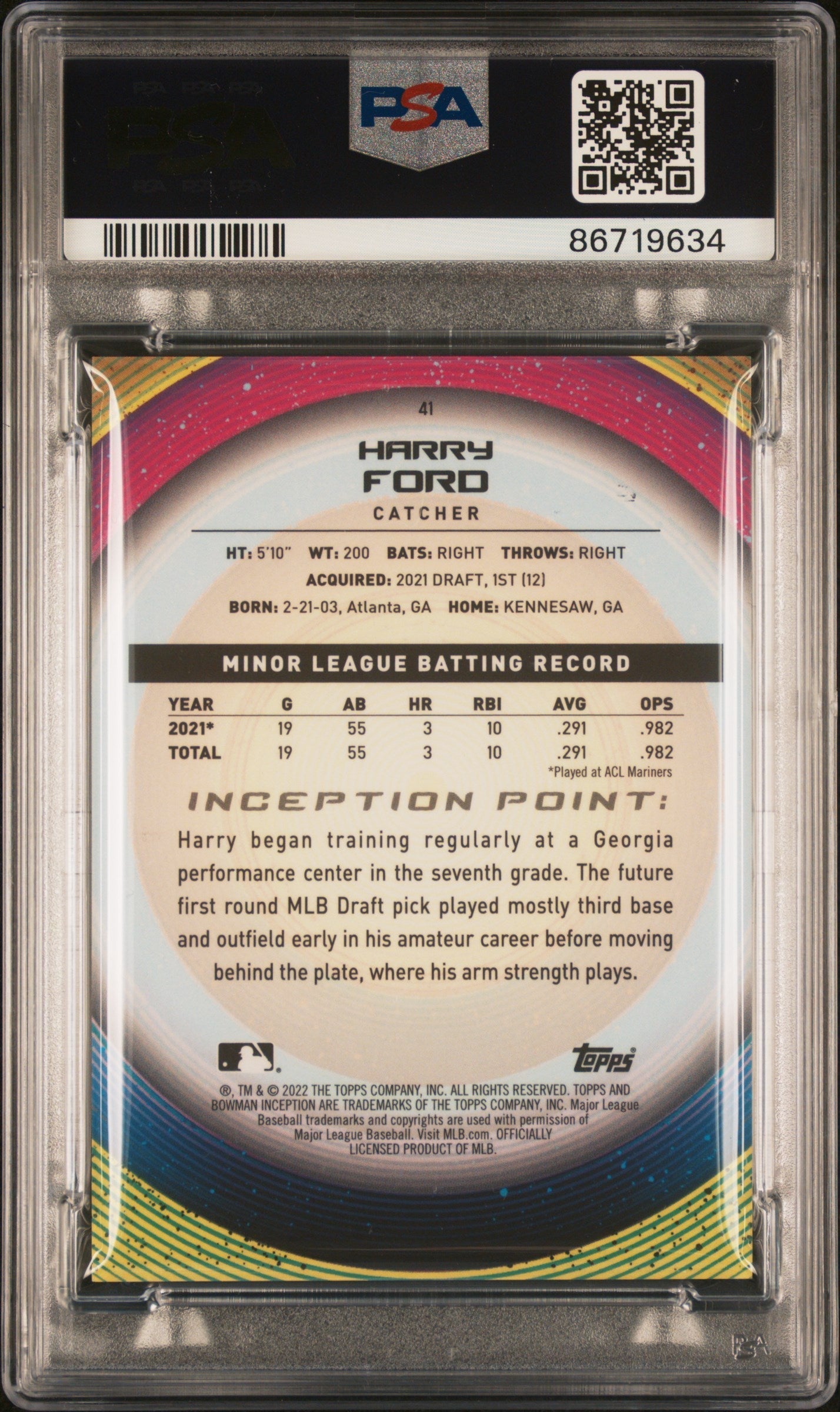 Graded 2022 Topps Bowman Inception Harry Ford #41 Rookie RC Baseball Card PSA 10 Gem Mint