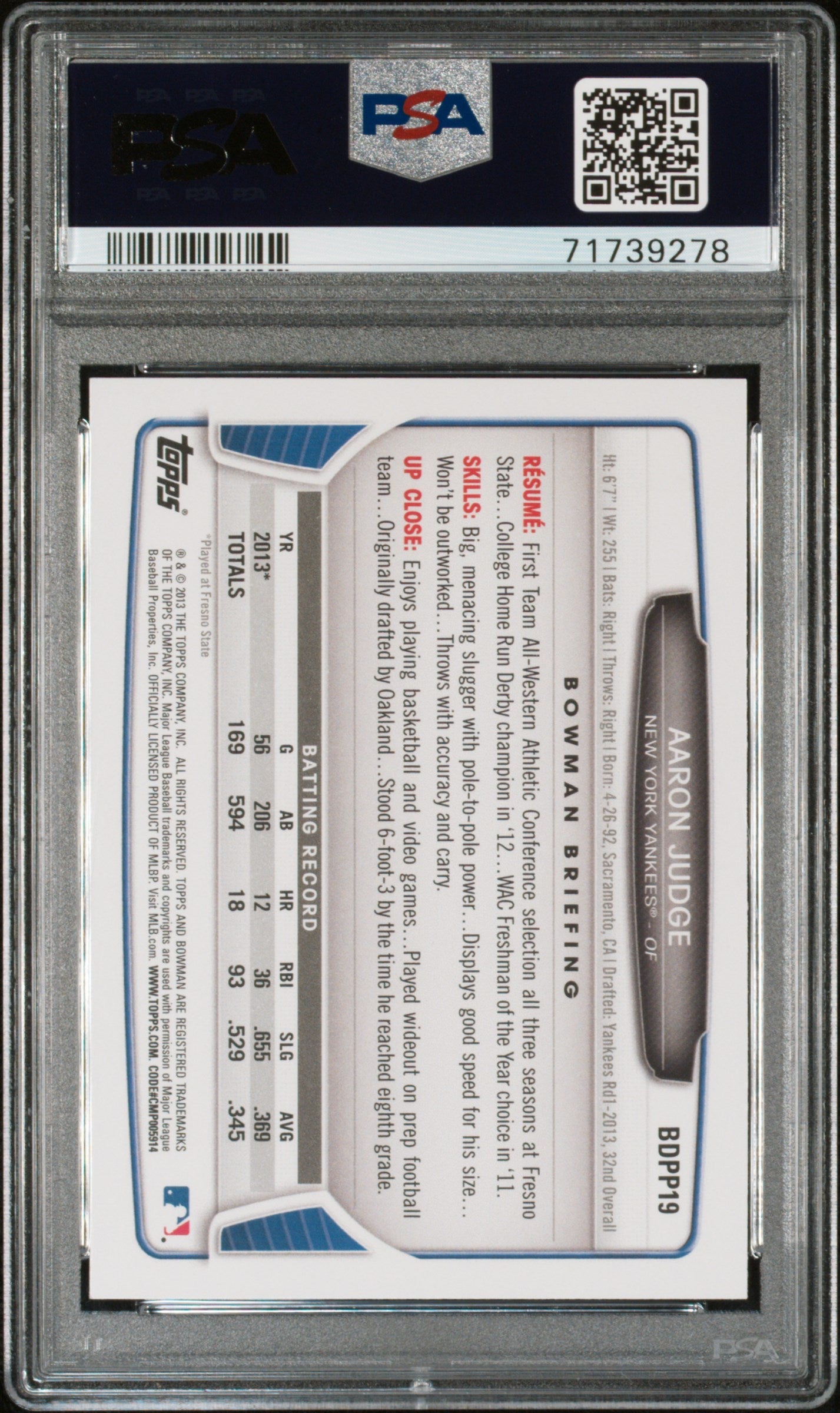 Graded 2013 Topps Bowman Draft Picks & Prospects Aaron Judge #BDPP19 Rookie RC Baseball Card PSA 10 Gem Mint
