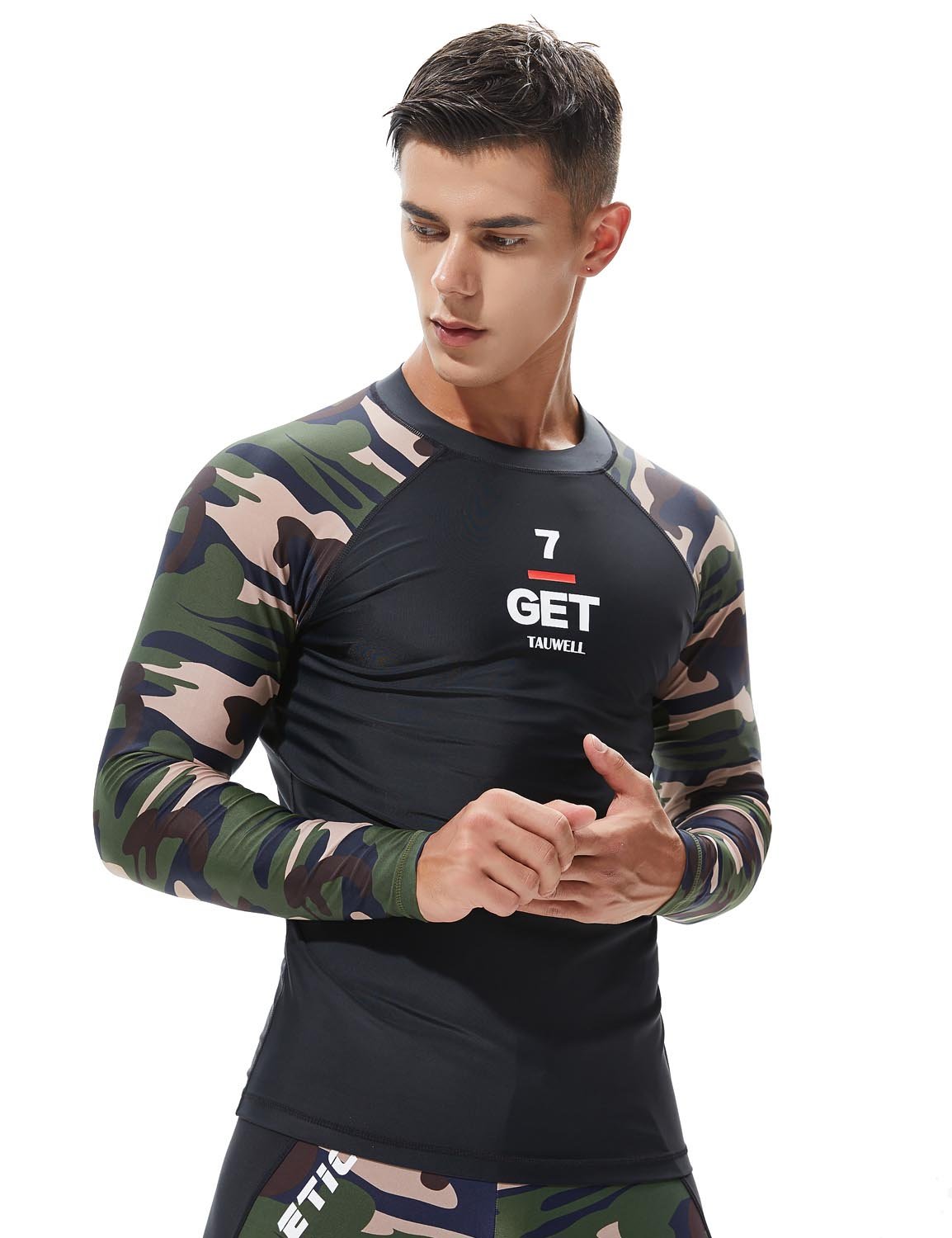 SEOBEAN TAUWELL Men's Long Sleeve Rash Guard Swimwear Surfing Shirt (Camo)