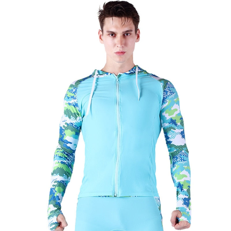 SABOLAY Compression Men's Rash Guard Swimsuit Hooded Shirt with Zipper