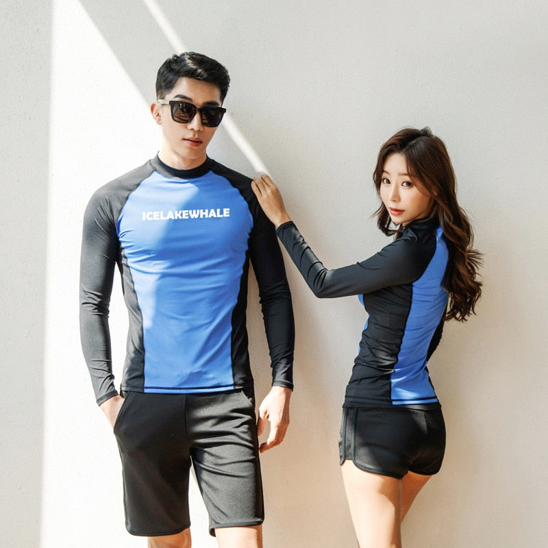 Men's Women's 2 Piece Long Sleeve Rash Guard & Padded Swim Shorts (Top and Bottom)