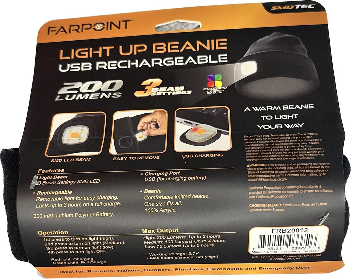 FarPoint Light Up Beanie USB Rechargeable Black