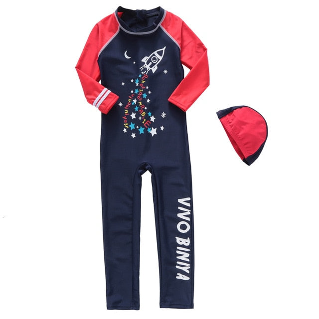Kids UPF50+ One-piece Rash Guard / Swimsuit with Swim Cap