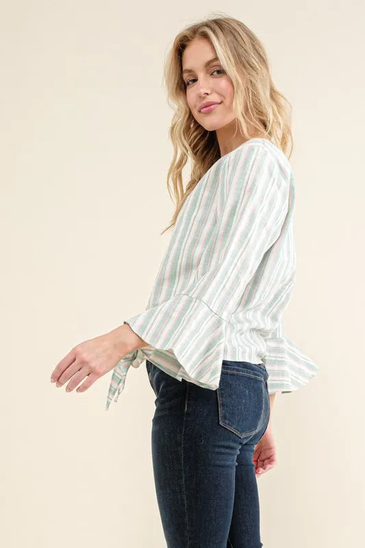 And The Why Stripe Tie Knot Front Bell Sleeve Top