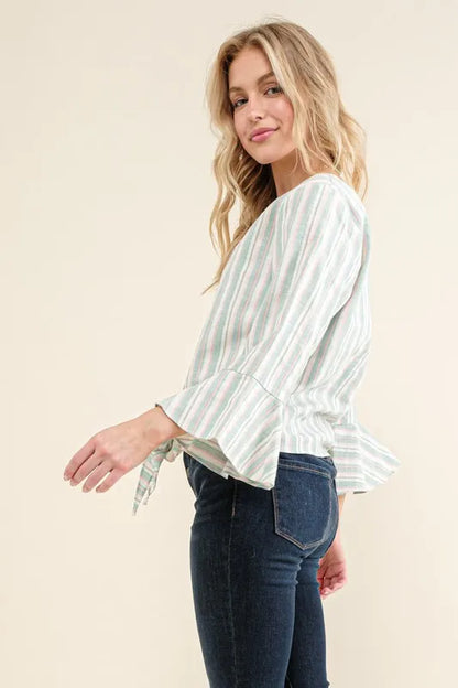 And The Why Stripe Tie Knot Front Bell Sleeve Top