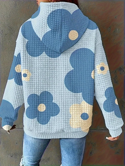 Floral Print Textured Drawstring Hoodie