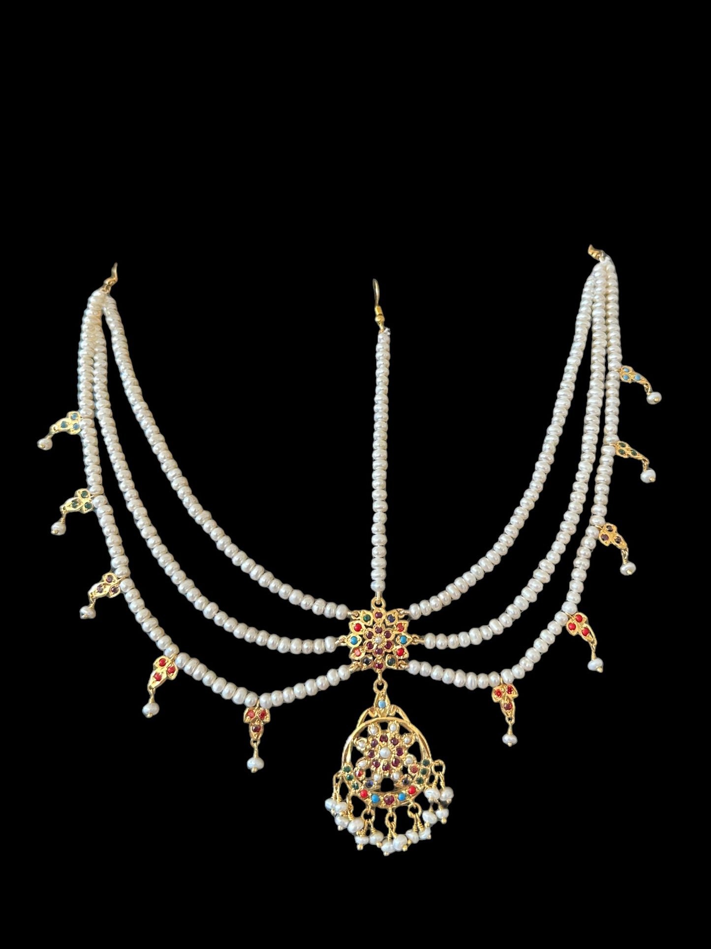 Navratan gold plated silver mathapatti in fresh water pearls ( READY TO SHIP )