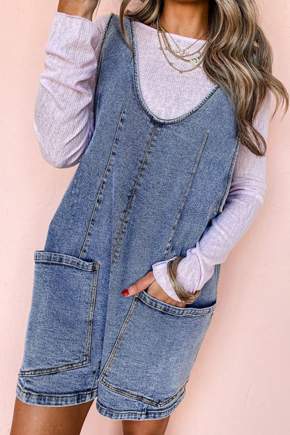 U Neck Patched Pocket Denim Overalls