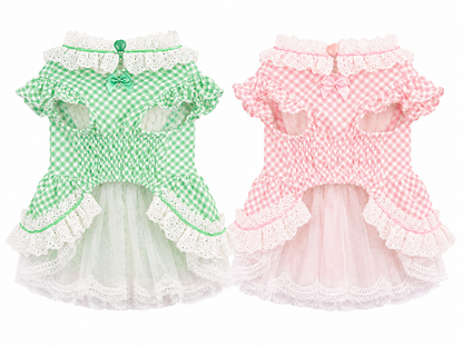 Vintage Gingham Dog Dress | Lace Princess Puppy Dress with Tulle Skirt