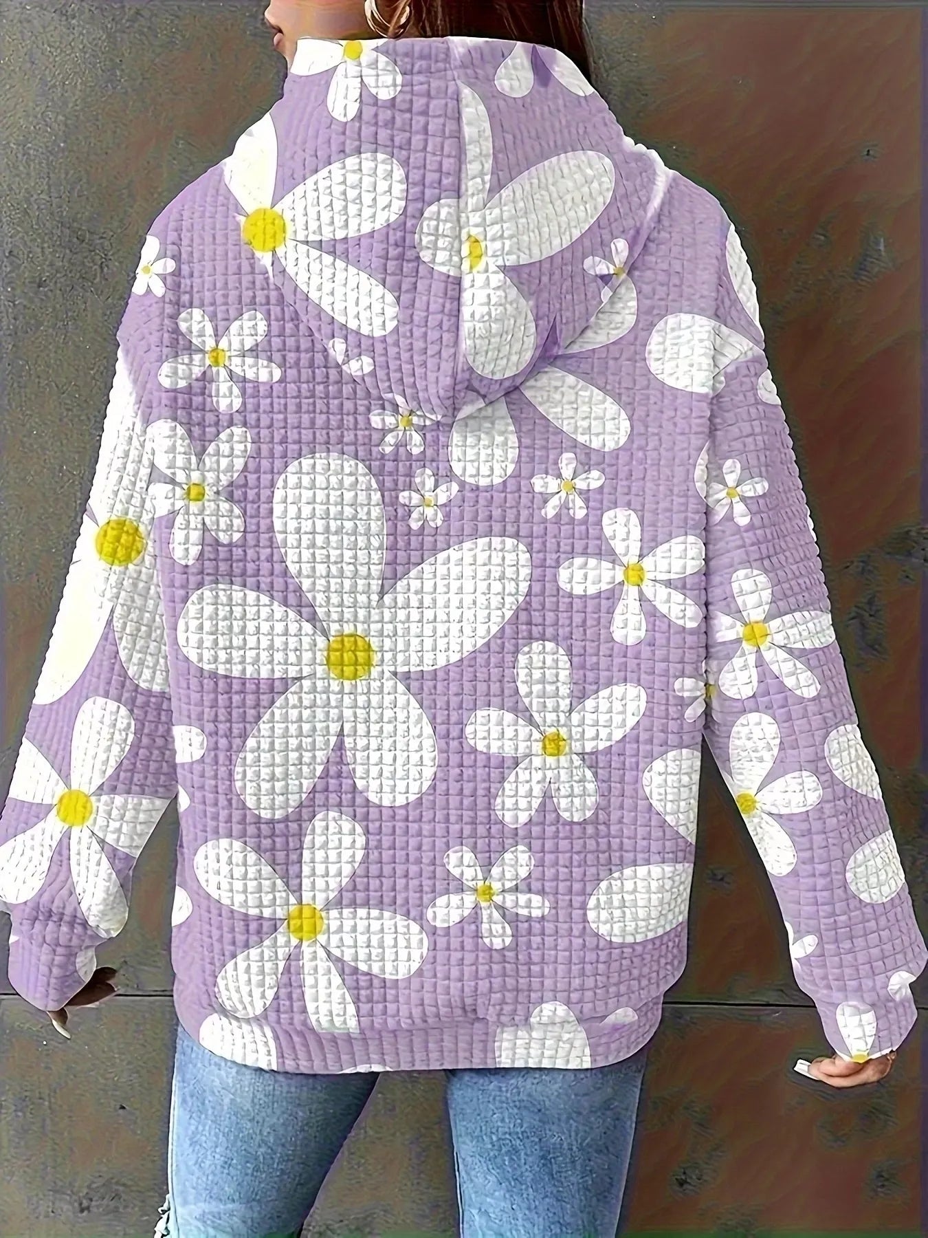 Floral Print Textured Drawstring Hoodie