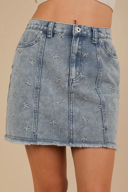 VERY J Bow Printed Casual Denim Mini Skirt