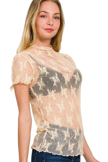 Zenana Lace See-through Layering Short Sleeve Top