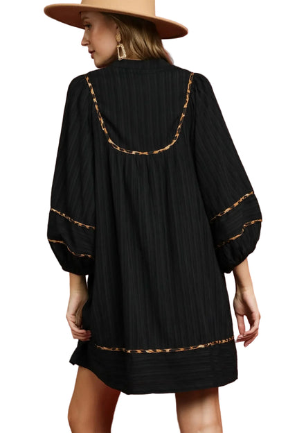 Full Size Textured Babydoll Dress with Leopard Trim Plus Size