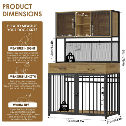 71" Tall Dog Crates Furniture, Indoor Dogs Kennel Furniture with Hutch, 42"W Dog Cage Furniture for Large/Medium Dogs, Decorative Sturdy Pet House, Rustic Brown