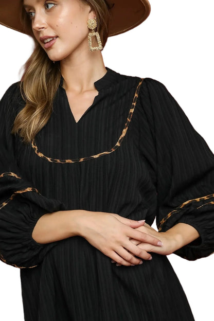 Full Size Textured Babydoll Dress with Leopard Trim Plus Size