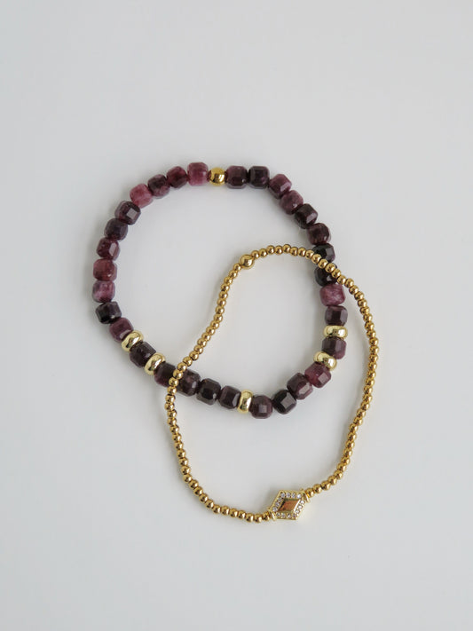 Purple & Gold Beaded Crystal Bracelet Stack - Set of 2 Waterproof Non-Tarnish