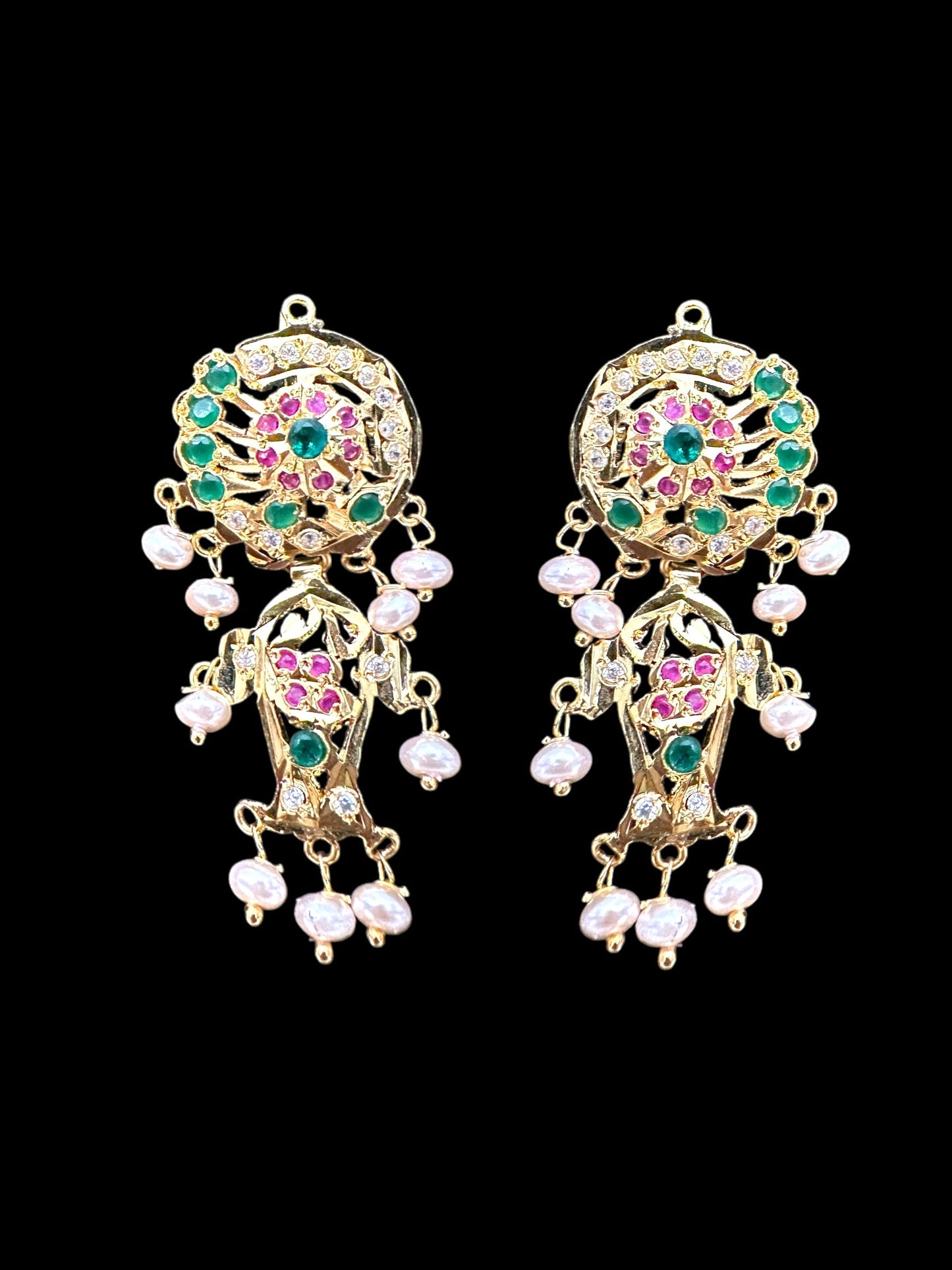 DER629 jadau earrings in fresh water pearls - ruby emerald ( SHIPS INN2 WEEKS )