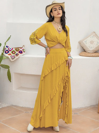 V-Neck Lace Three-Quarter Sleeve Top