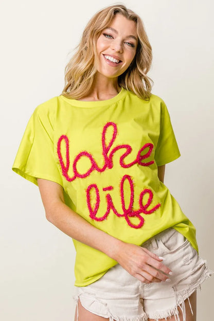 BiBi Metallic Letter Short Dolman Sleeve Top