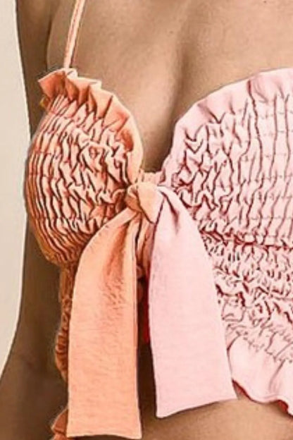 BiBi Woven Color Block Smocked with Ribbon Bra Top