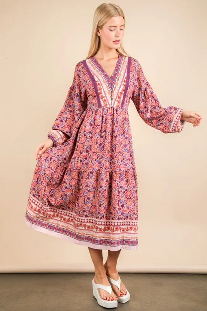 VERY J Floral Printed Boho V-Neck Balloon Sleeve Dress