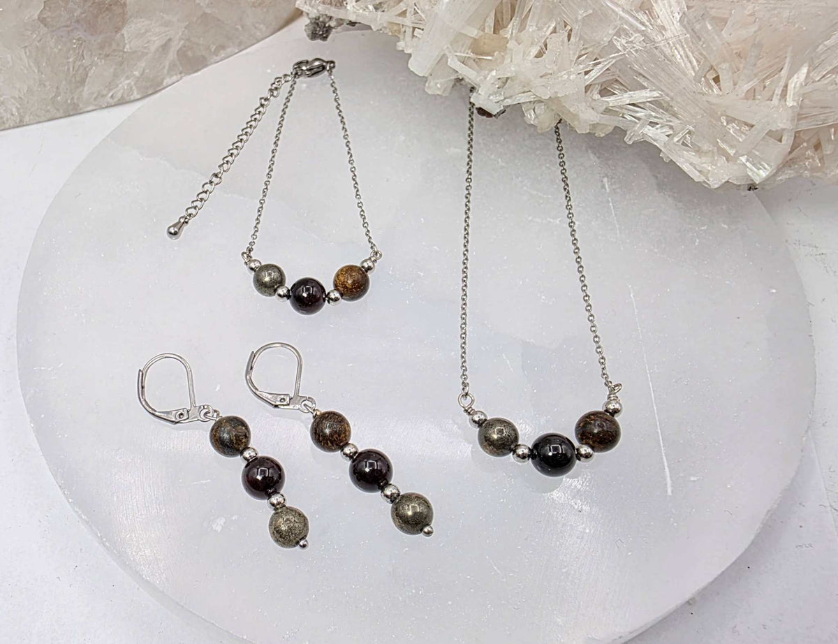 STAY IN MY POWER - Pyrite, Bronzite, Garnet Jewelry Set