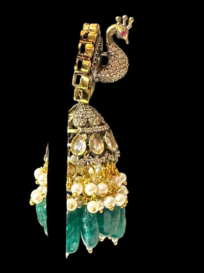 DER796 Mor polki jhumka - GREEN ( READY TO SHIP )