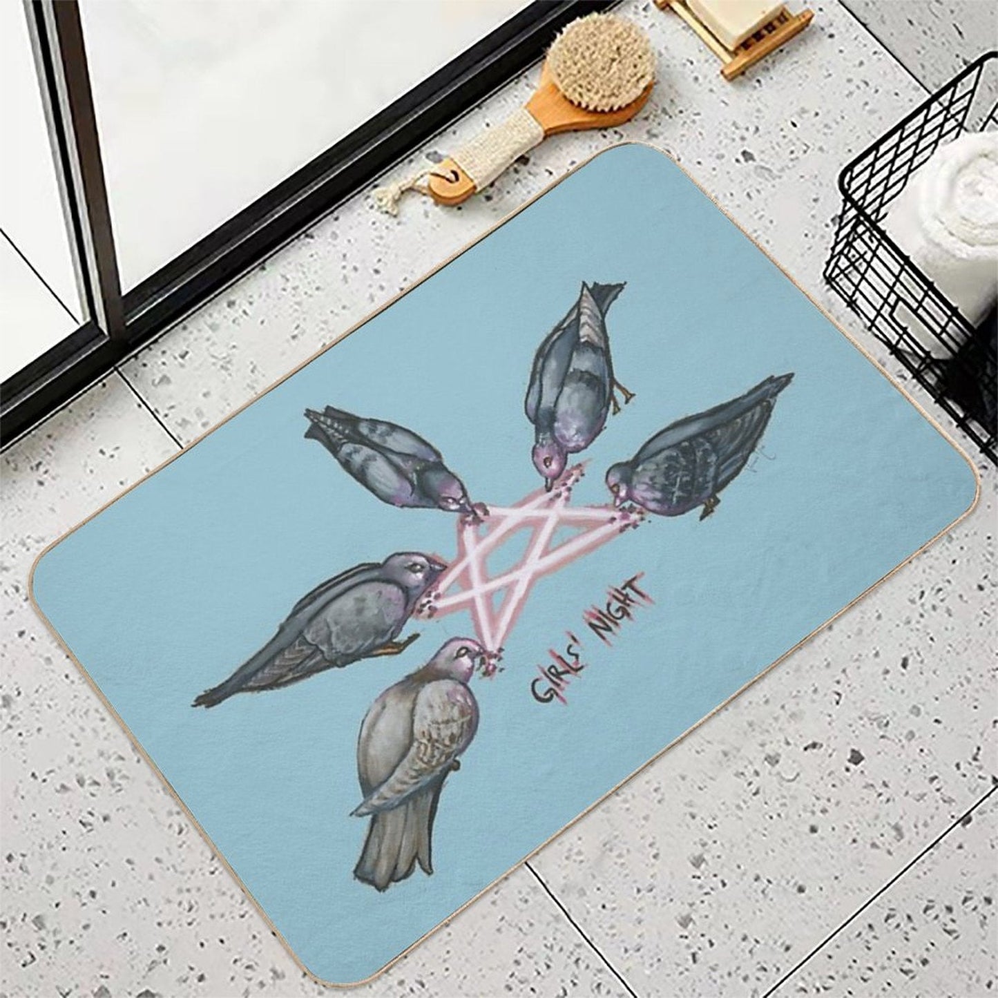 Girl's Night - Pigeon Pentagram (Stickers  Transparent on Clothing  Blue Background) Bath Mat