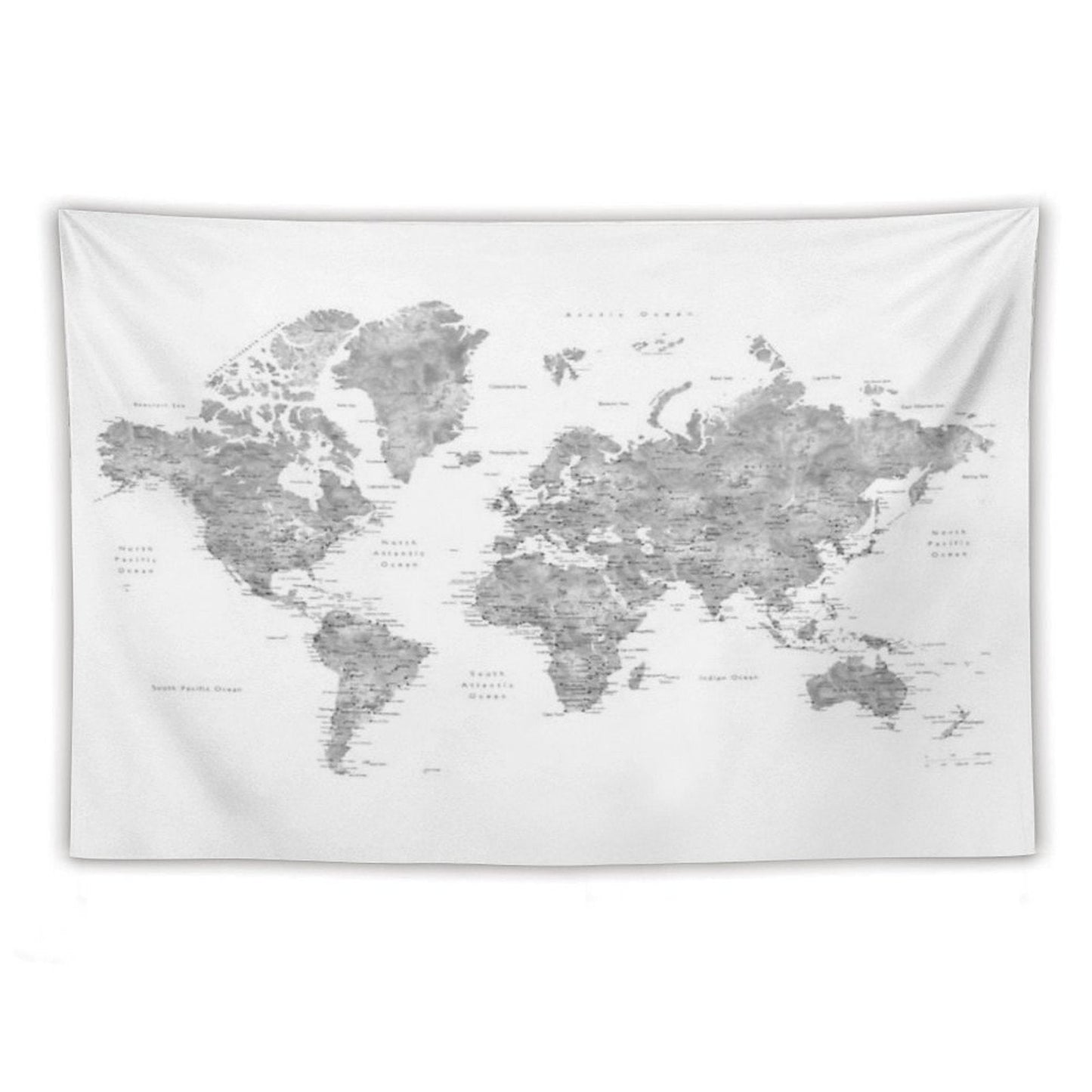 Grayscale Watercolor World Map with Cities Tapestry
