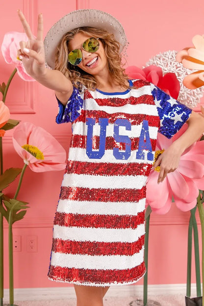 BiBi American Flag Theme Usa Print Sequin Dress