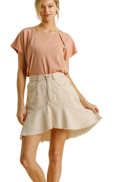 Linen Blend 5 Pockets High Low Skirt with Frayed Hem