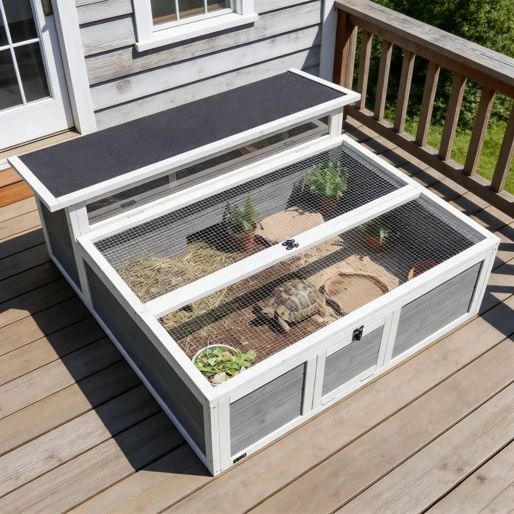 Dual-Zone Wooden Tortoise Habitat & Basking Run