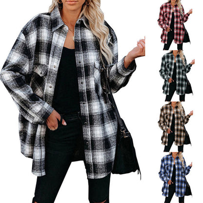 Oversized Plaid Shirt Jacket - Mid-Length Button Up Polyester Blend