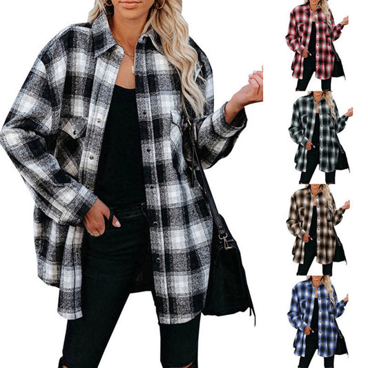 Oversized Plaid Shirt Jacket - Mid-Length Button Up Polyester Blend