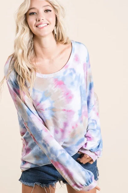 BiBi Tie Dye Print Terry Top With Puff Sleeves