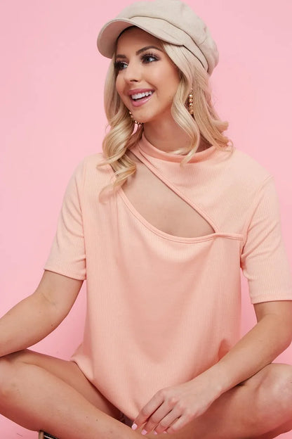 BiBi Rib Knit With Front Cut Out Mock Neck Top