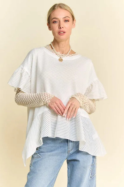 Davi & Dani Waffle Knit Bodice Ruffle Bottom Detail Top