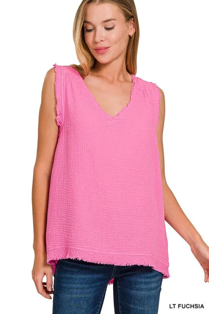 Zenana Double Gauze Raw Edge V-Neck Tank