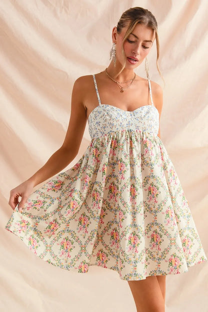 Mixed Floral Print Sleeveless Mini Dress