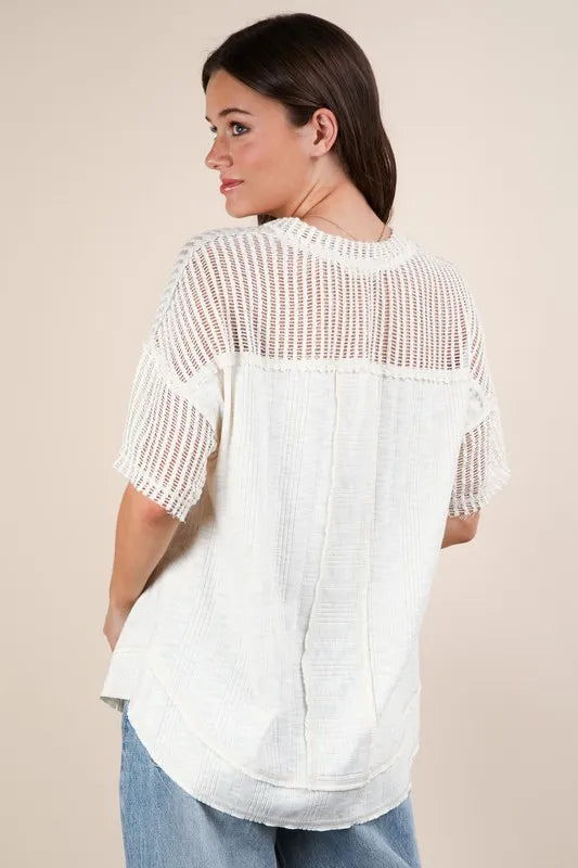 VERY J Oversized Contrast Knit Comfy Casual Top
