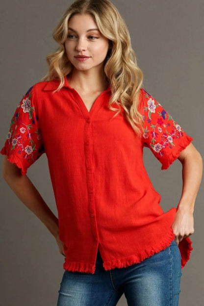 Umgee Full Size Linen Shirt with Embroidered Sleeves Plus Size