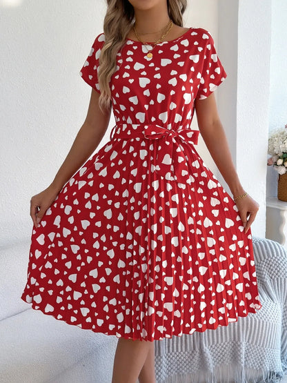 Heart Print Short Sleeve Tie Waist Dress