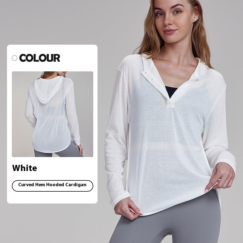 Hooded Long Sleeve Yoga Top with Curved Hem - Breathable